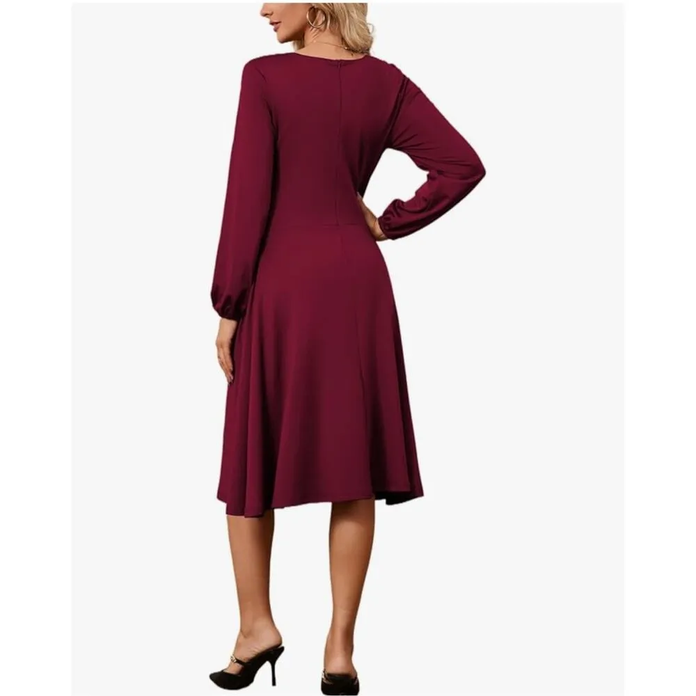 NEW Wine Red Twist Front Lantern Sleeve V Neck Midi Dress Formal XL - Image 2