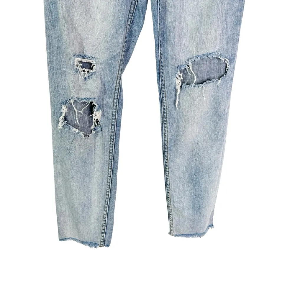 Free People Lacey Stilt Distressed Denim Lace Trim Jeans Light Blue Size 28 - Image 6