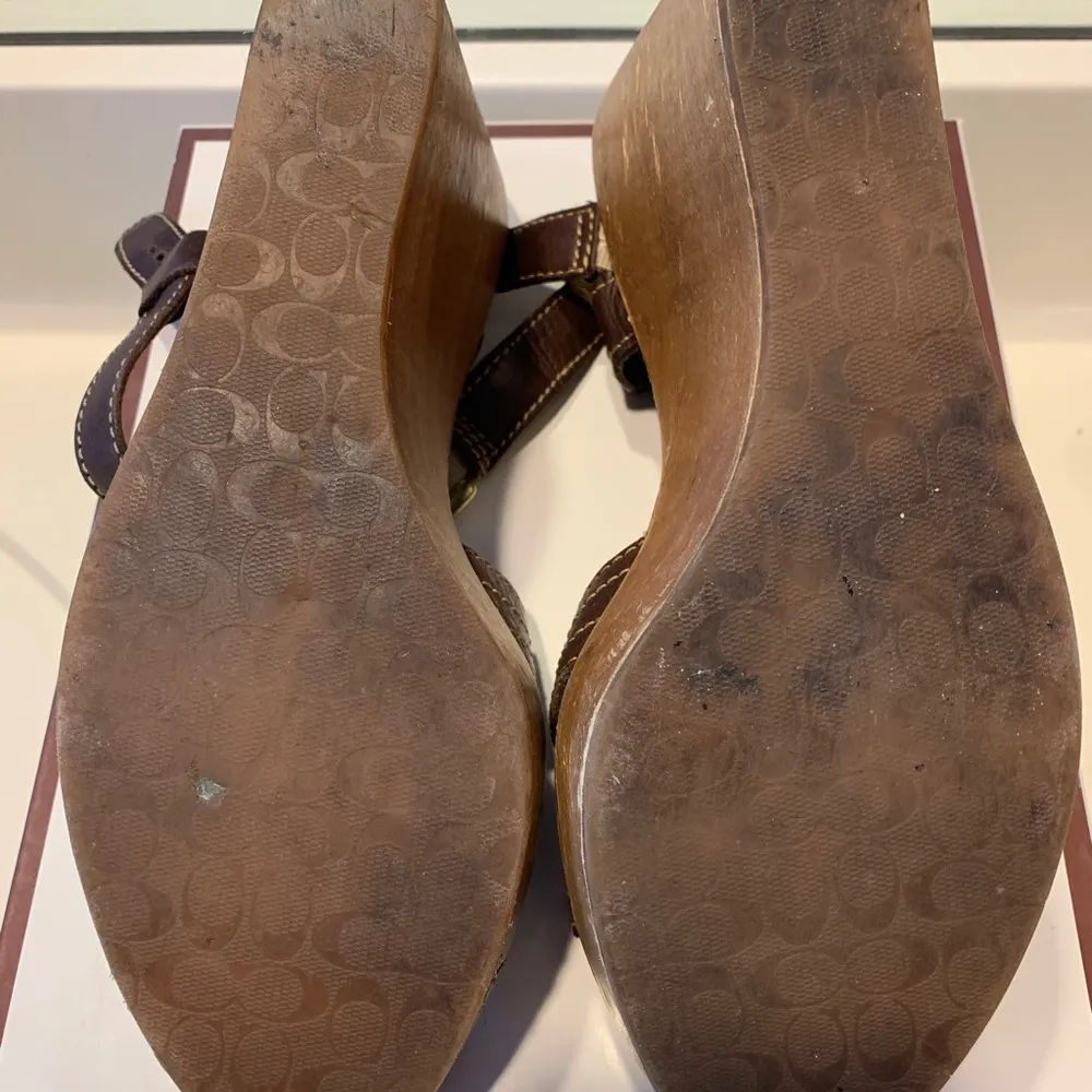 Brown Leather Wood Wedge Sandals Size 8.5 - Image 3