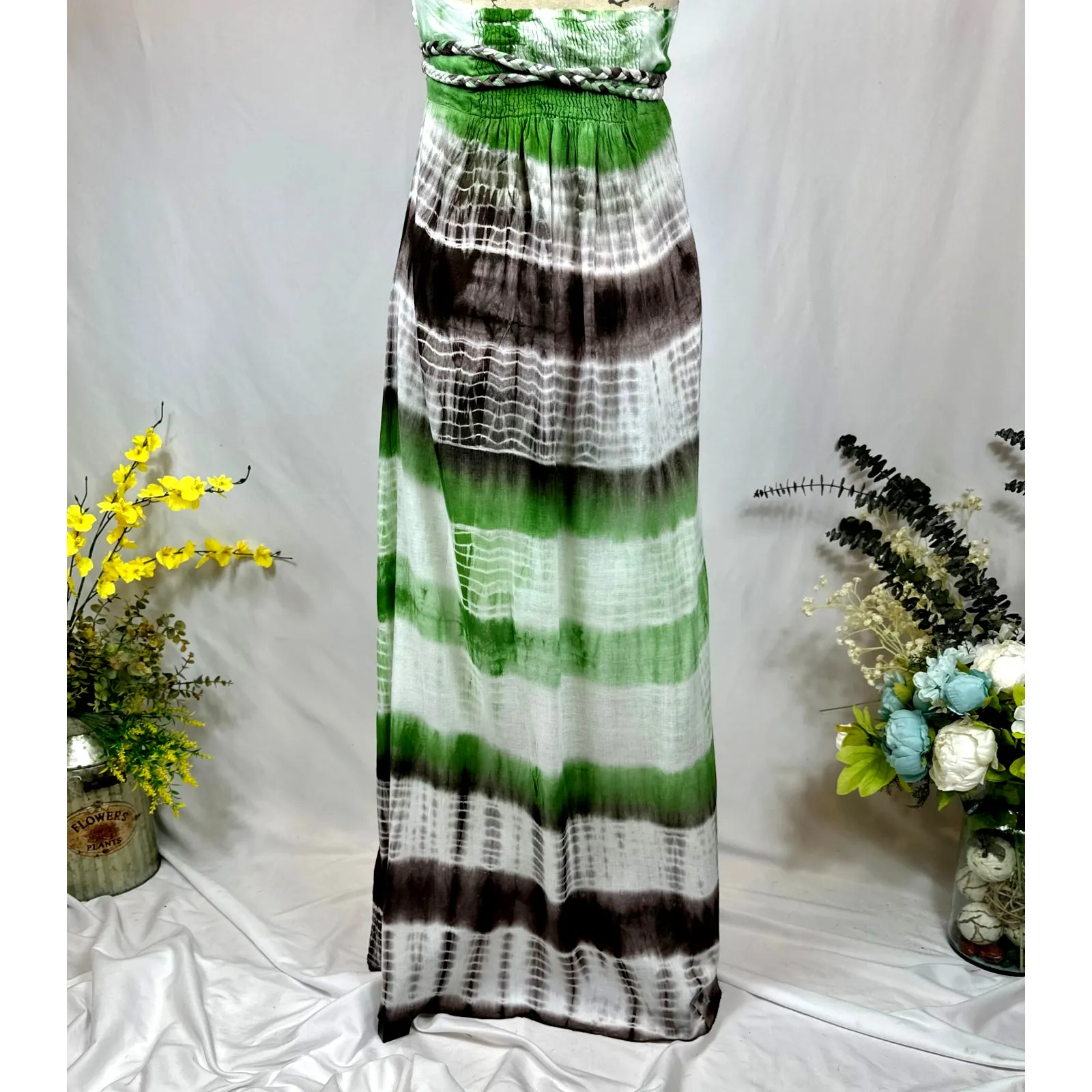 Chaudhry Rope Halter Open Back Tie Dye Maxi Dress Green Brown M Size M - Image 8