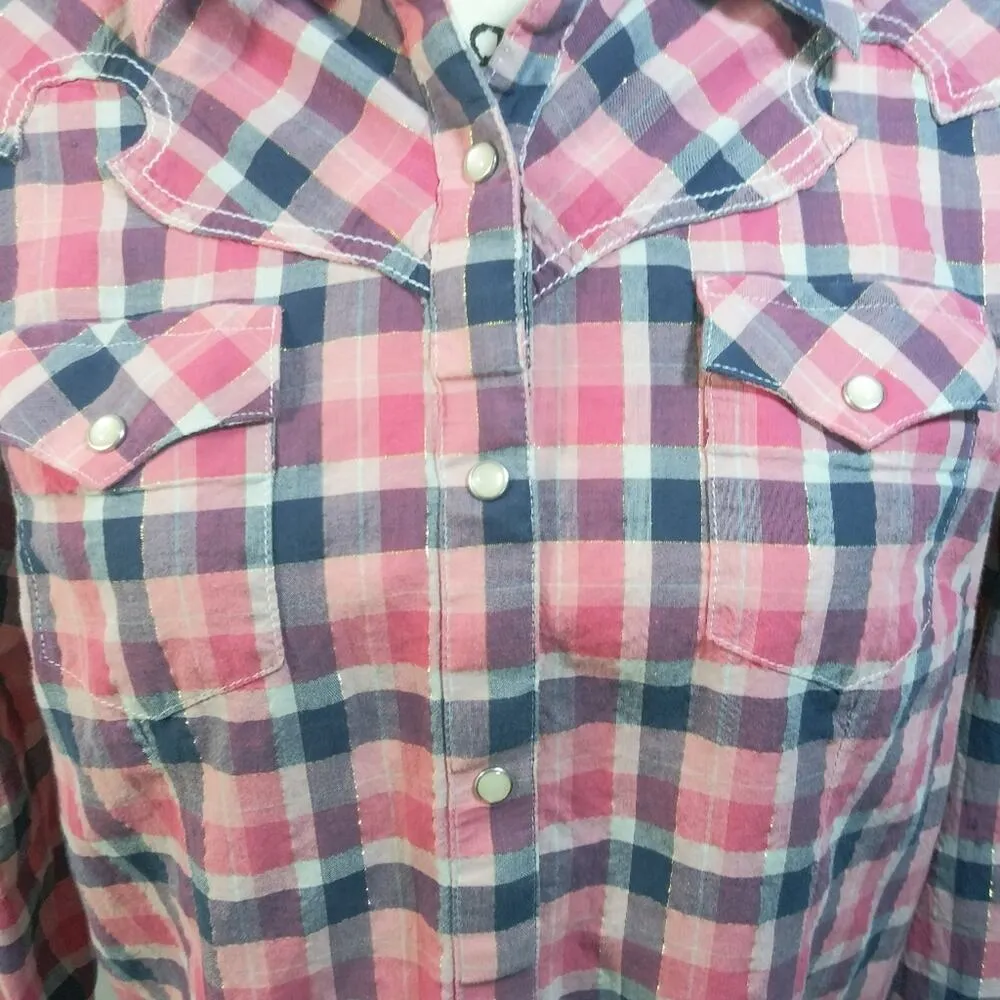 Wrangler Pink Blue Plaid Pearl Button Snap Western  Button Up M - Image 4