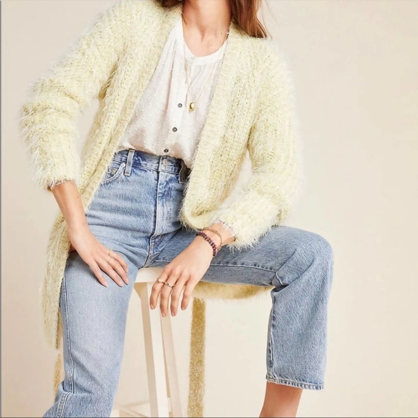 Anthropologie Yellow Larkin Shimmer Belted Cardigan Small Long Sleeve NEW - Image 9
