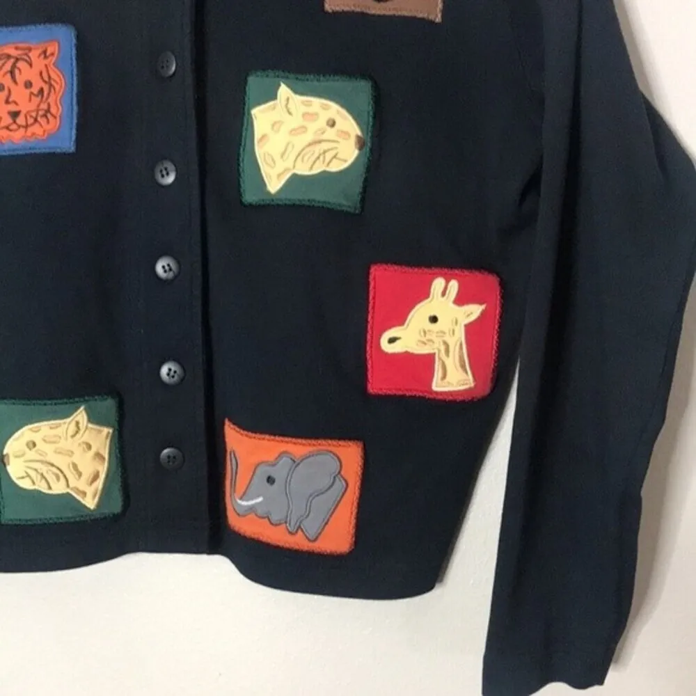Bechamel black button up cardigan with safari animals patches petite small Size undefined - Image 4