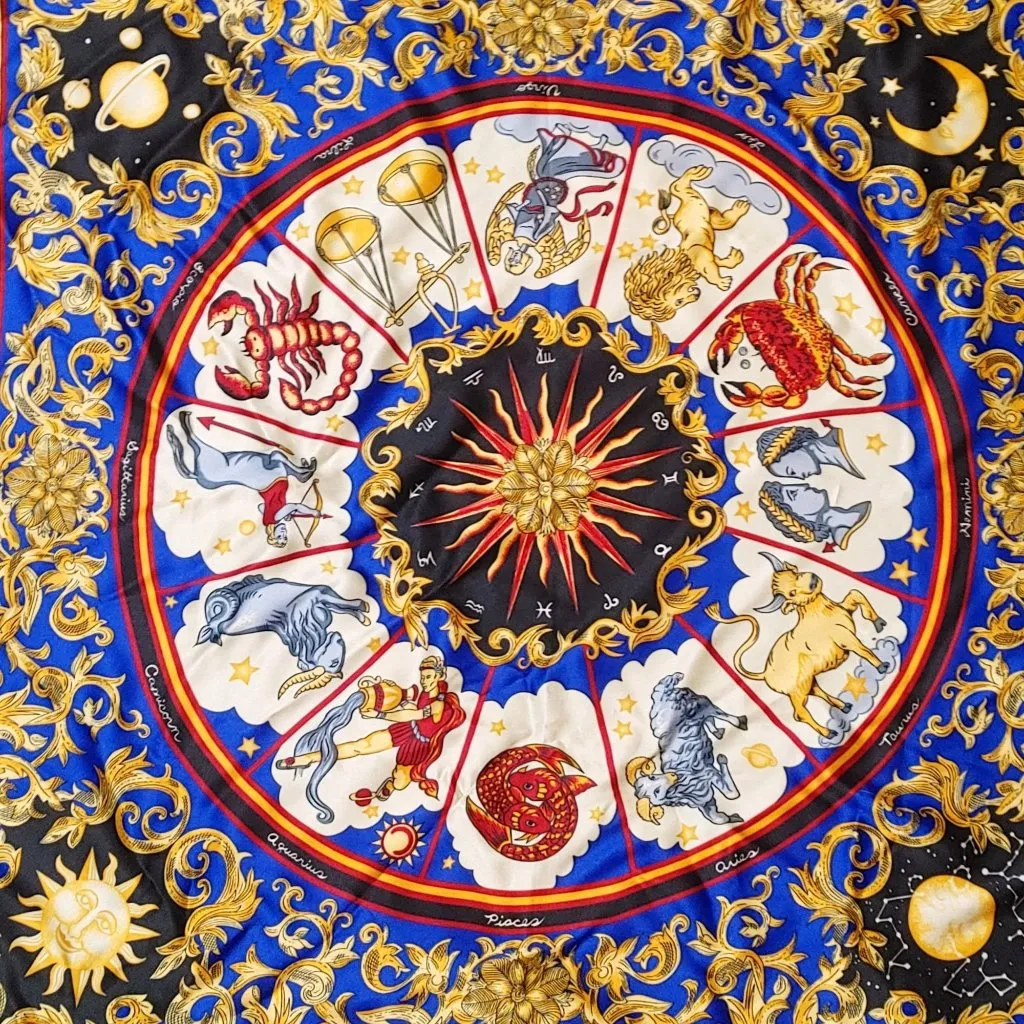 Avon 1970s Sign of Stars Vintage Zodiac Astrology Sun Moon Square Italy Scarf Red Size 34 - Image 3