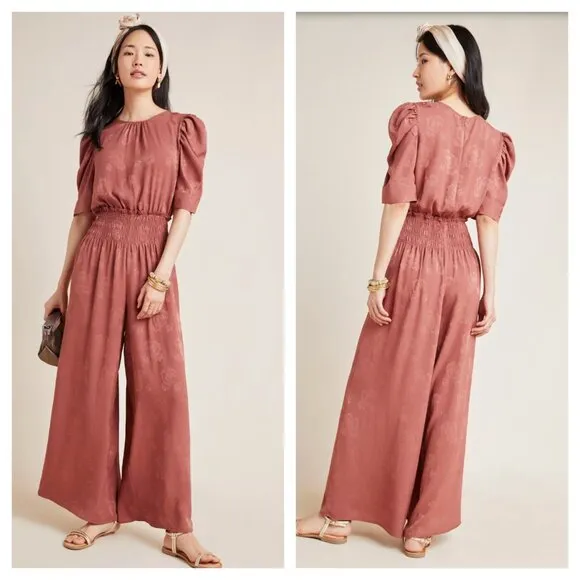 Current Air Anthro Castille Floral Jacquard Wide Leg Jumpsuit Pink Women's XS - Image 2