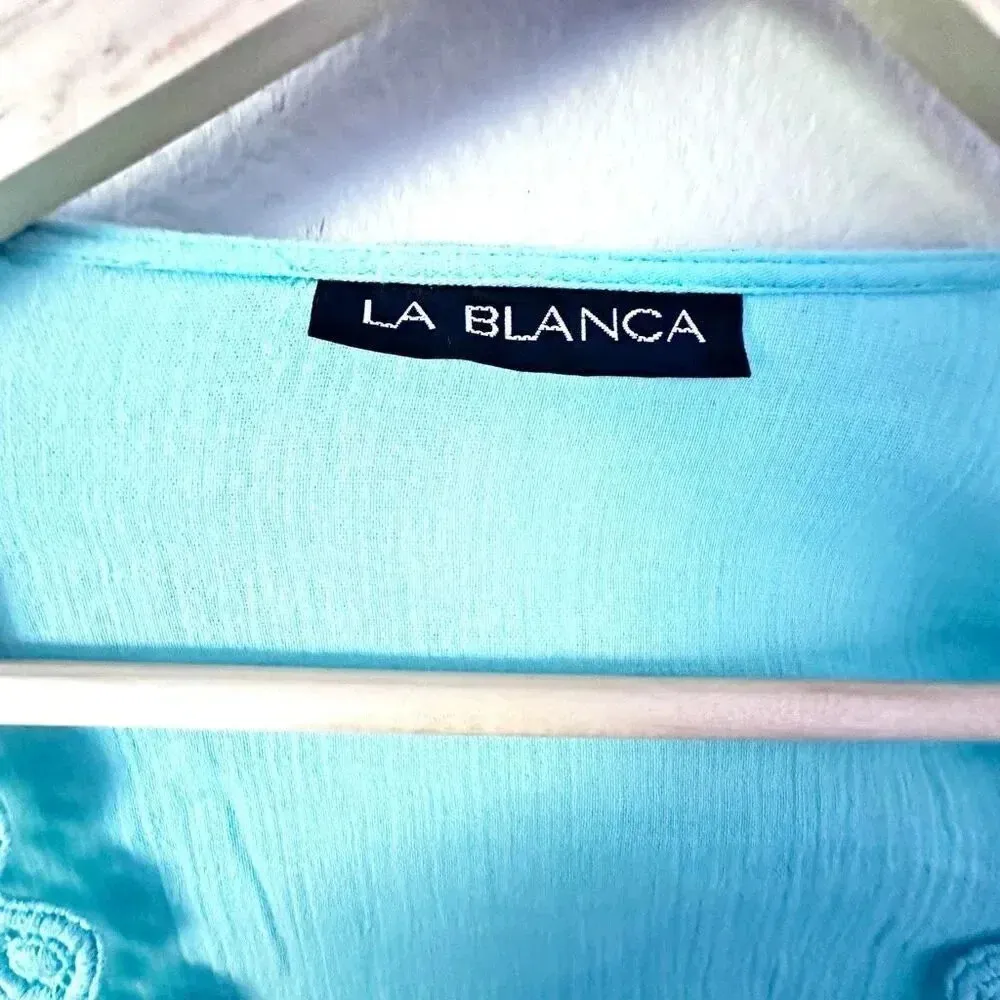 LA BLANCA | Aqua Blue Crochet Trim Cover-Up Swim Dress Tunic | Size Large - Image 5