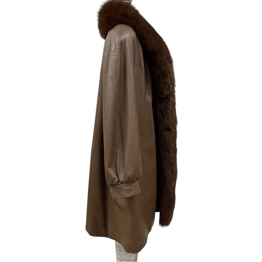 Brown Lambskin Leather Swing Stroller Brown Fox Tuxedo Front Collar - Image 5