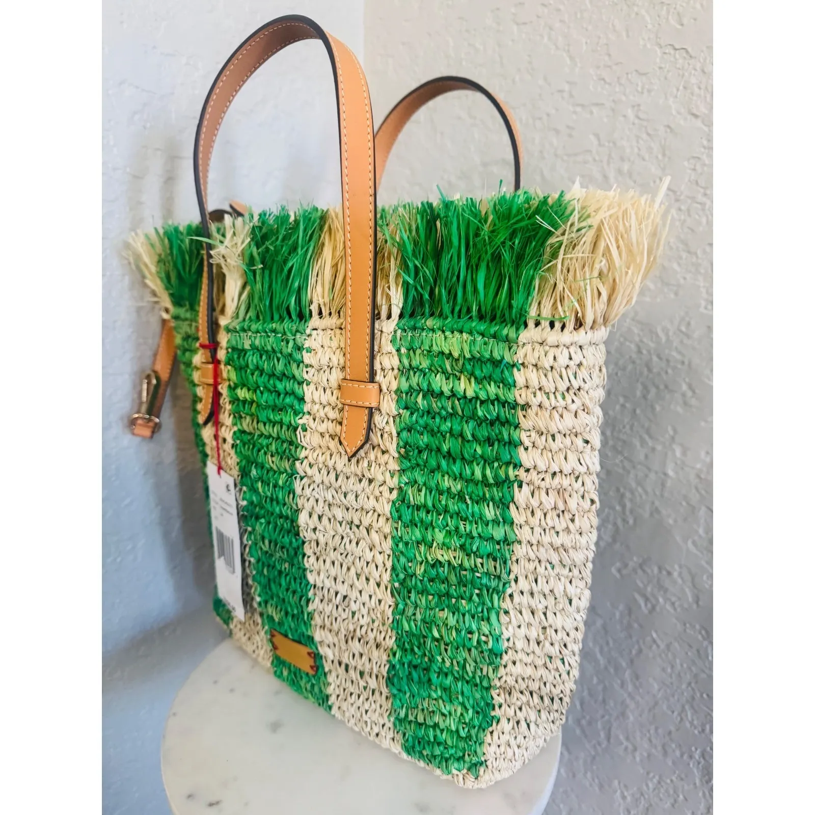 FRANCES VALENTINE Alfie French Straw & Leather Tote Bag, Green Stripe, NWT - Image 12