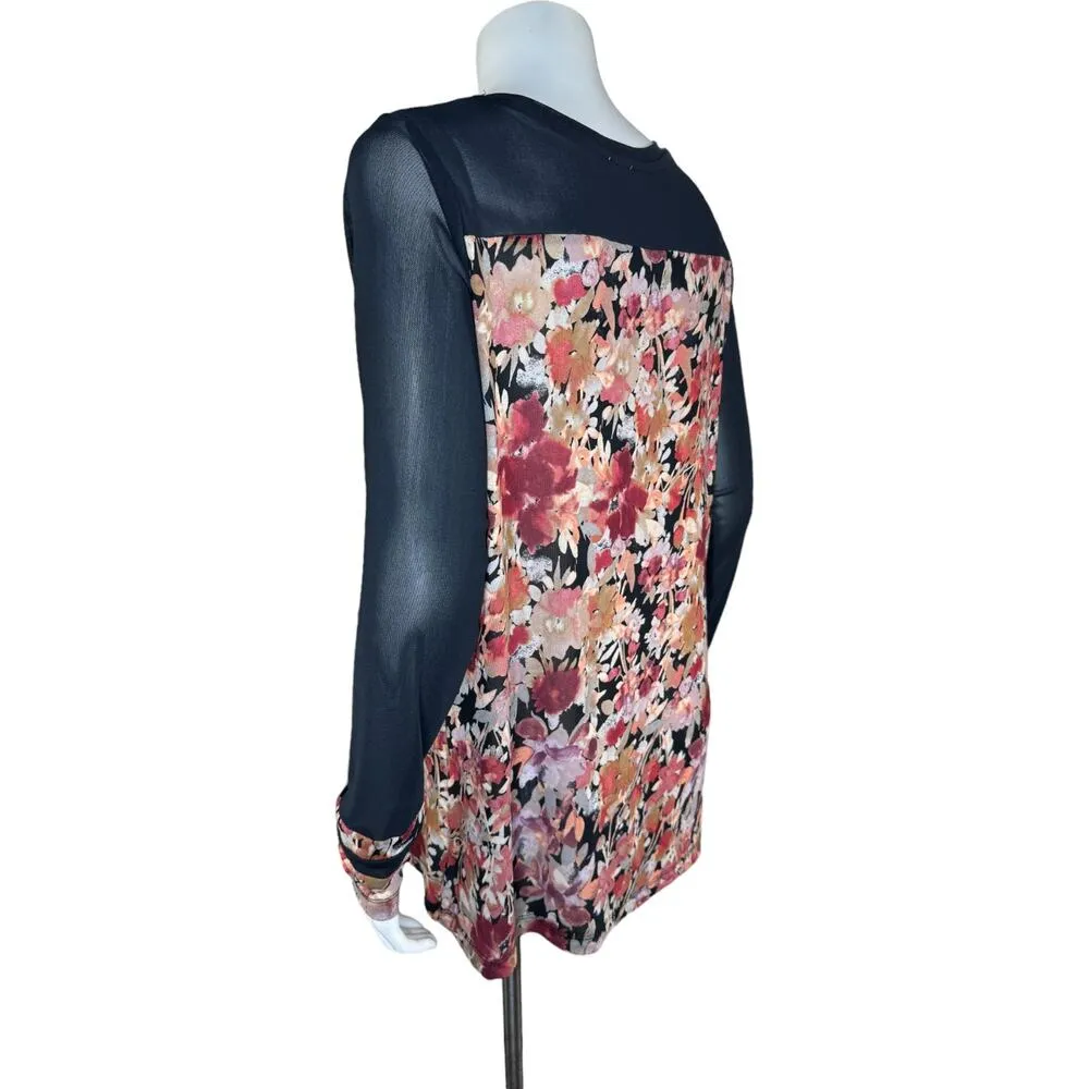 LOGO By Lori Goldstein Printed Sheer Top with Solid Details Medium Black - Image 6