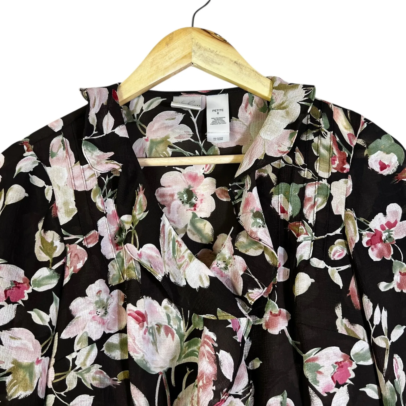 Emma James Petite Black Floral Ruffle Neck Long Sleeve Blouse Women's Size 6 - Image 2