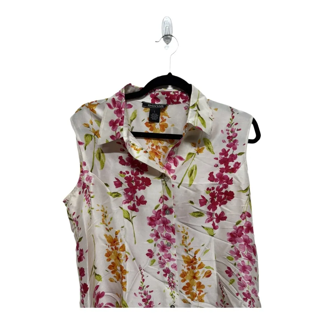 Sonia White Floral 100% Silk Sleeveless Blouse Size Large Button Up - Image 2