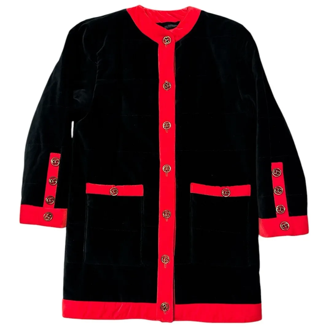 Vintage 80s Cattiva Velvet Quilted Coat Black Red Trim Gold Buttons Sz Small - Image 2