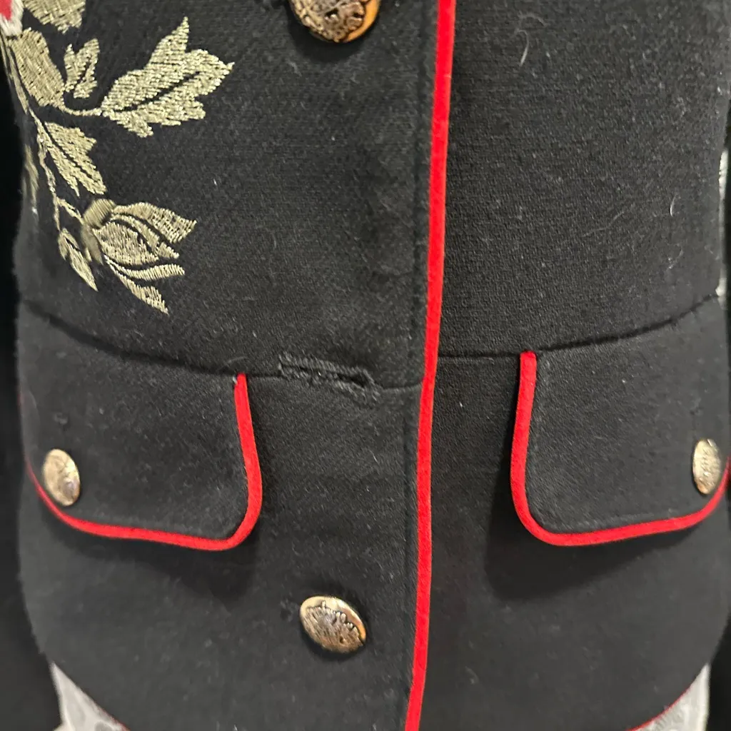 ZARA Trafaluc Sz: XS Black Military Style Embroidered Jacket Floral Birds Gold. - Image 7