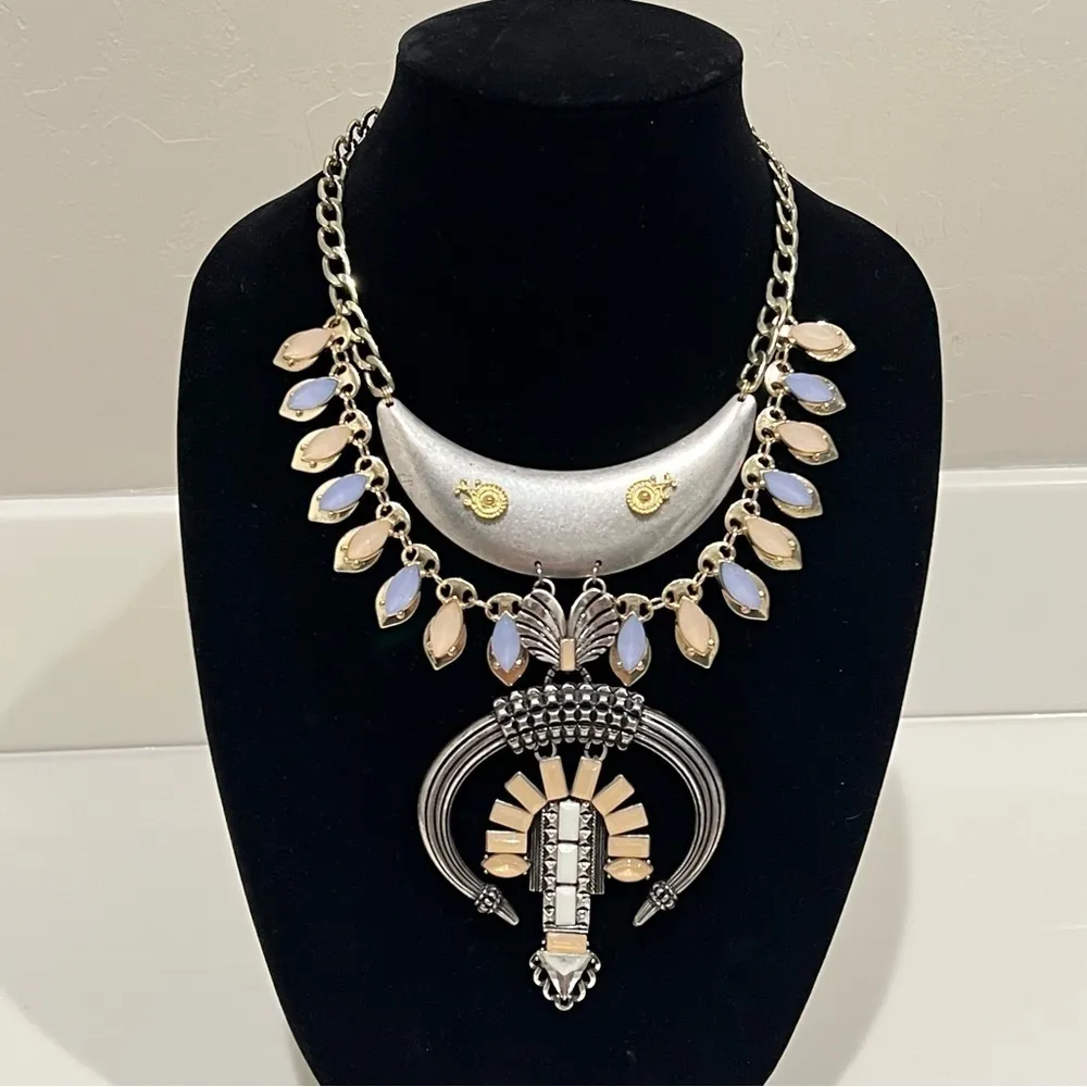 Crescent Moon Custom Statement Bib Necklace, abstract squash blossom,silver tone - Image 2