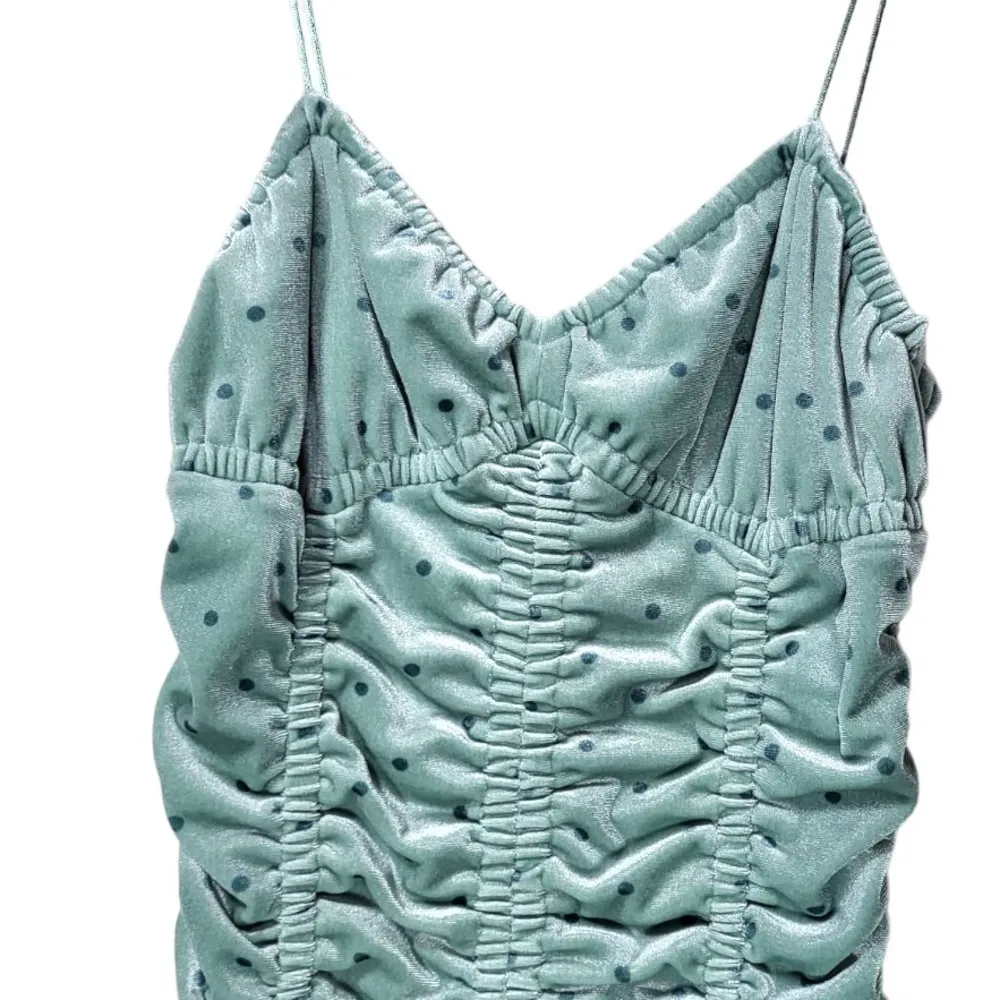 NWT Rotate Birger Christensen Aria Ruched Polkadot Velvet Mini Dress in BlueSurf Green Size 6 - Image 8