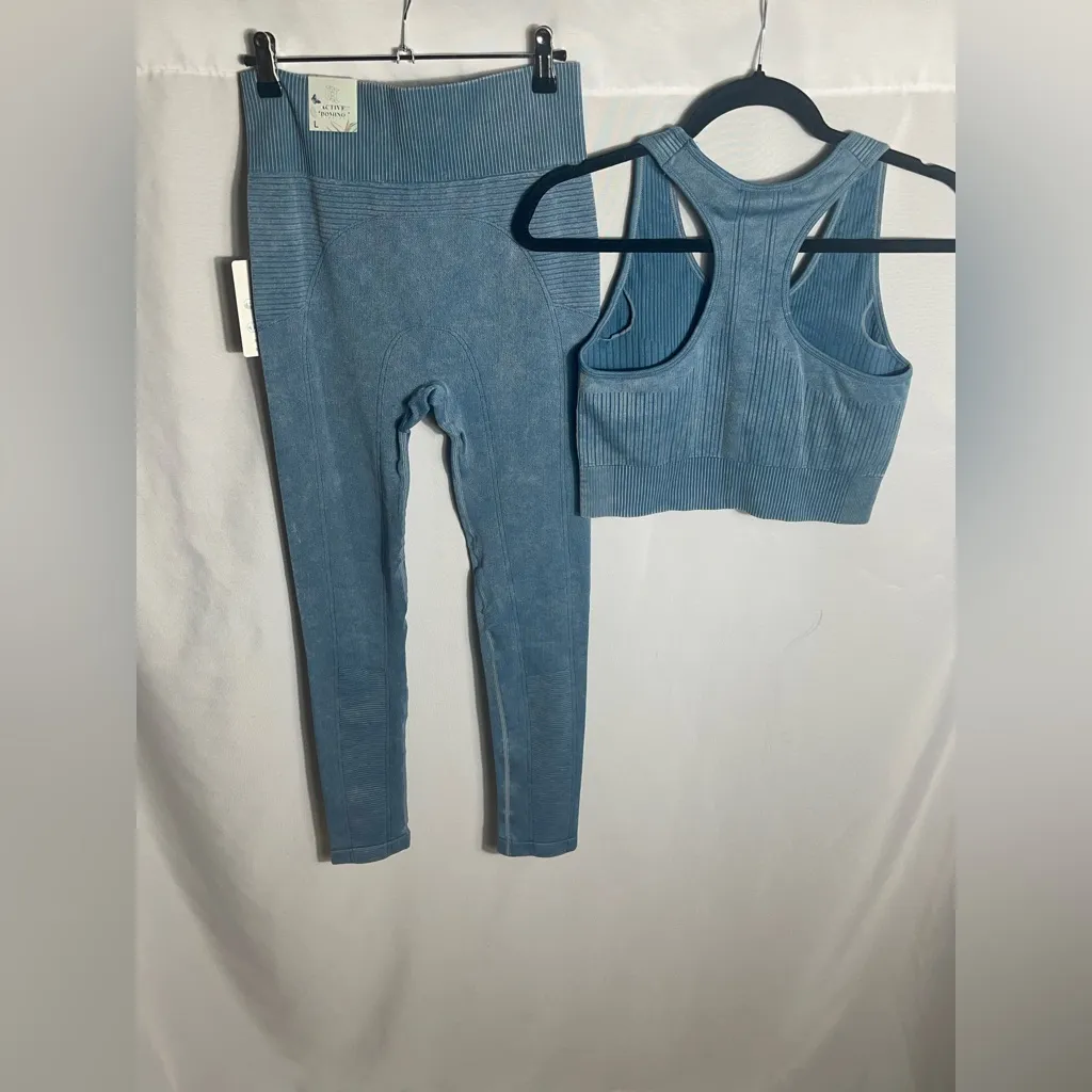 Active Domino Fashion Seamless Ribbed Sports Bra & Leggings Set Blue L Size L - Image 2