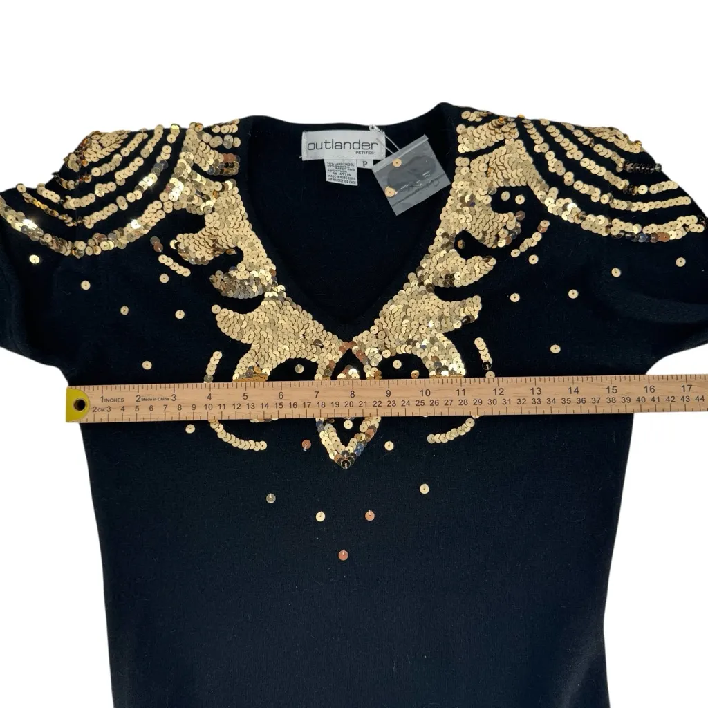 Outlander Petites Shiny Glam Gold Sequins Long Sleeve Soft Black Dress Lambswool Size undefined - Image 10