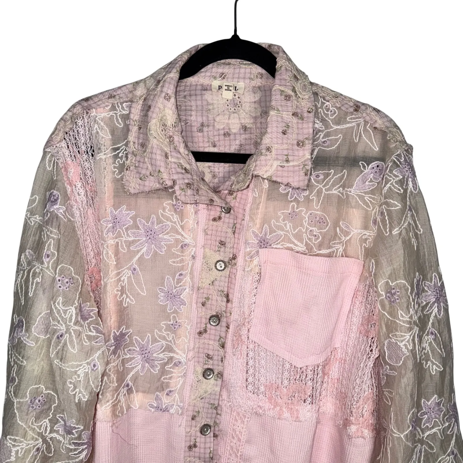 POL Golden Hour Flower Floral Embroidered Lace Patchwork Jacket Top Womens Large - Image 7