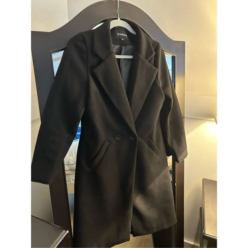 NEW Black Long Wool Blend Coat Peacoat XS - Image 6