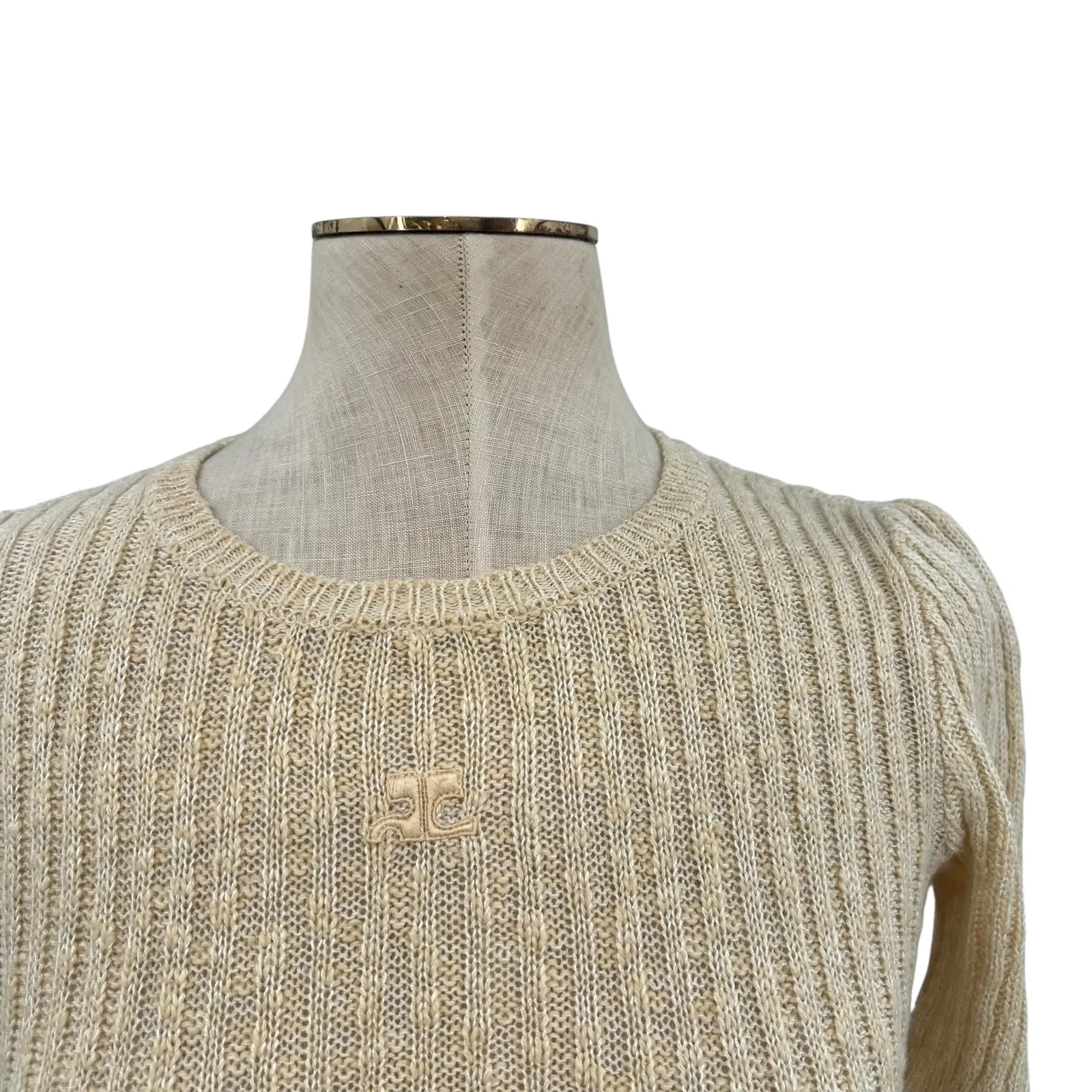 Courreges Vintage Sweater‎ Short Sleeve Ribbed Knit Logo Beige Cream Size 0 XS Yellow - Image 3