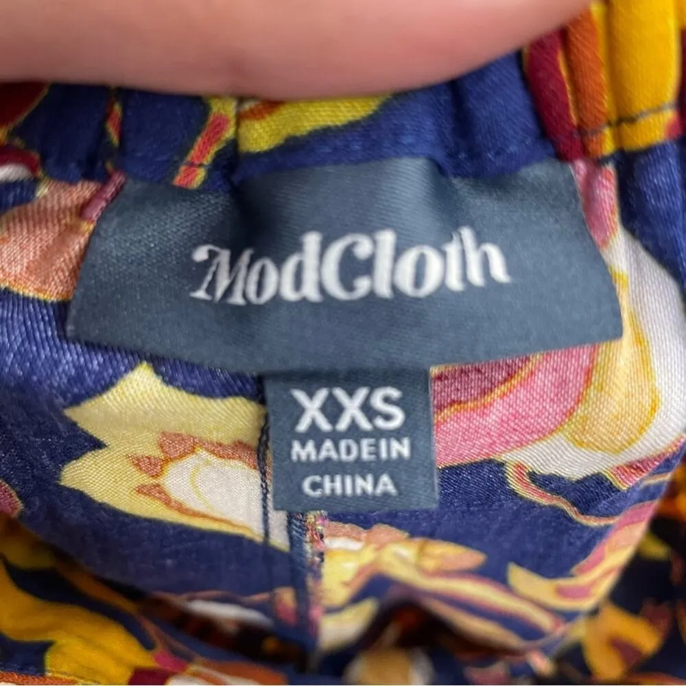 ModCloth Navy Floral Print Wide Leg Pull On Pants Womens XXS Tropical Blue - Image 6