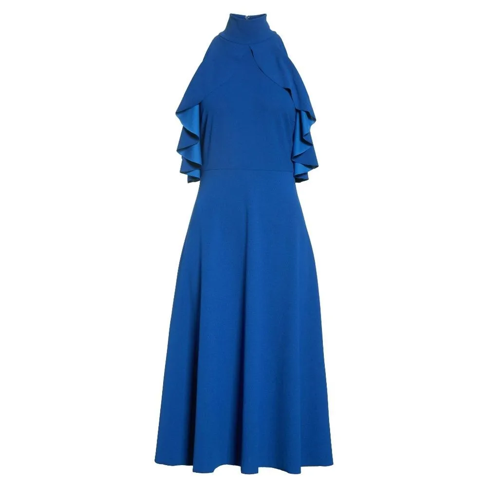 New! TRACY REESE Ruffle Cold-Shoulder Midi Dress Size XS Marine Blue - Image 5