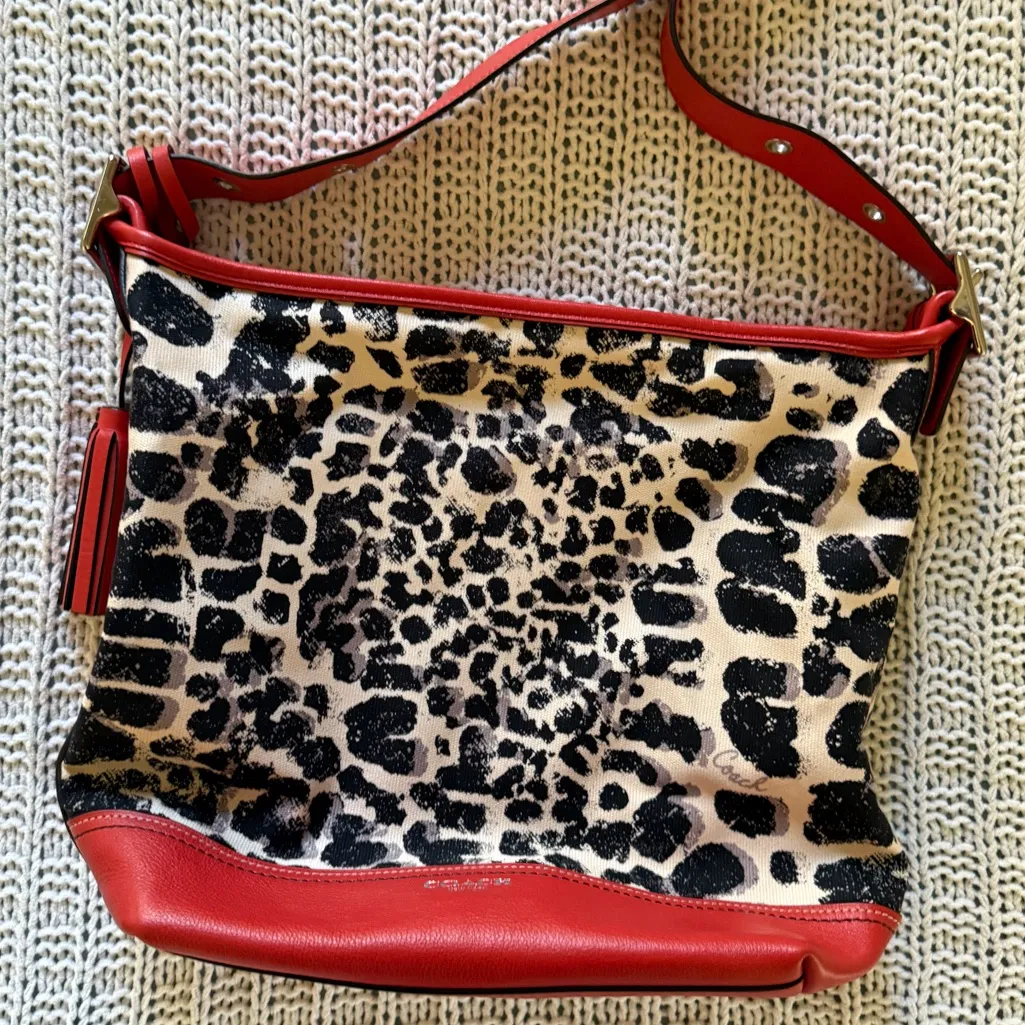 NWOT Coach Rare Orange Leopard Ocelot Print Leather Women's Shoulder Bag Duffel - Image 2