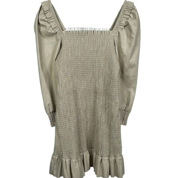 7 For All Mankind Smocked Square Neck Puff Sleeve Mini Dress Tan Size L‎ NWT - Image 2