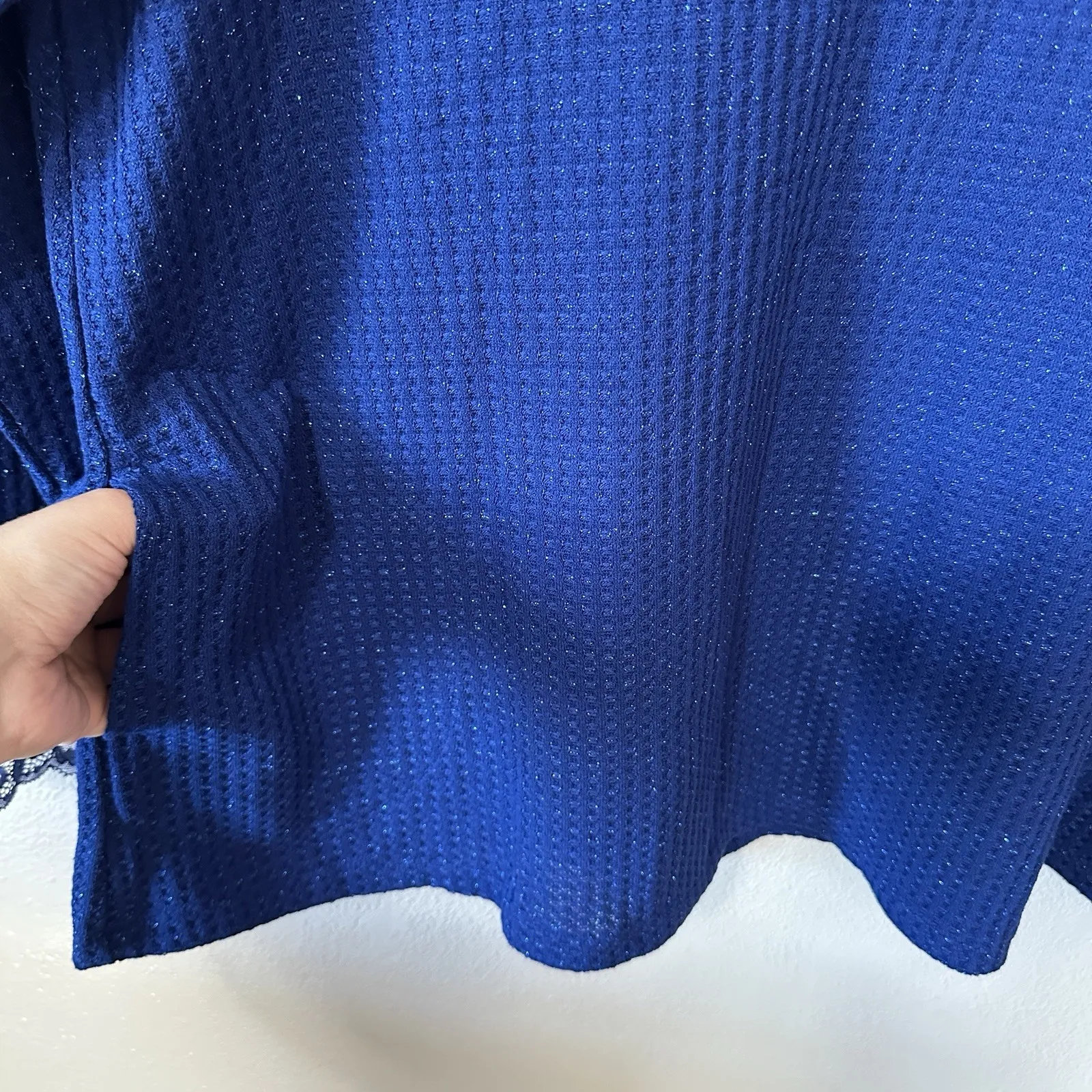 LOGO Lori Goldstein Metallic Waffle‎ Knit Mock Neck Top Lace Trim Blue Womens XL - Image 4