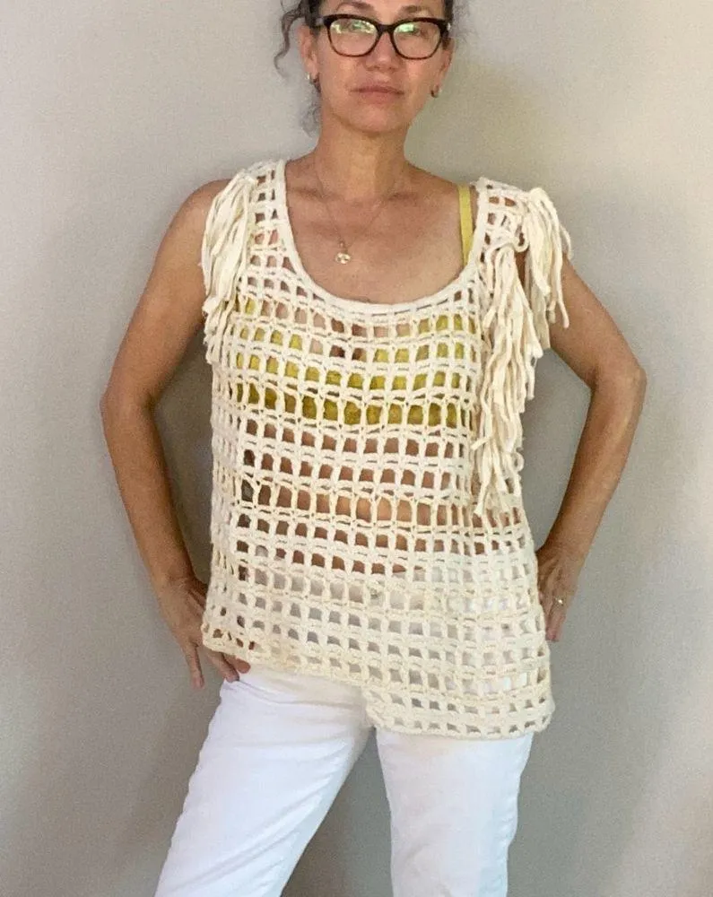 ALLSAINTS ivory crochet tassel vest sleeveless fringe top Sz 8 - Image 4