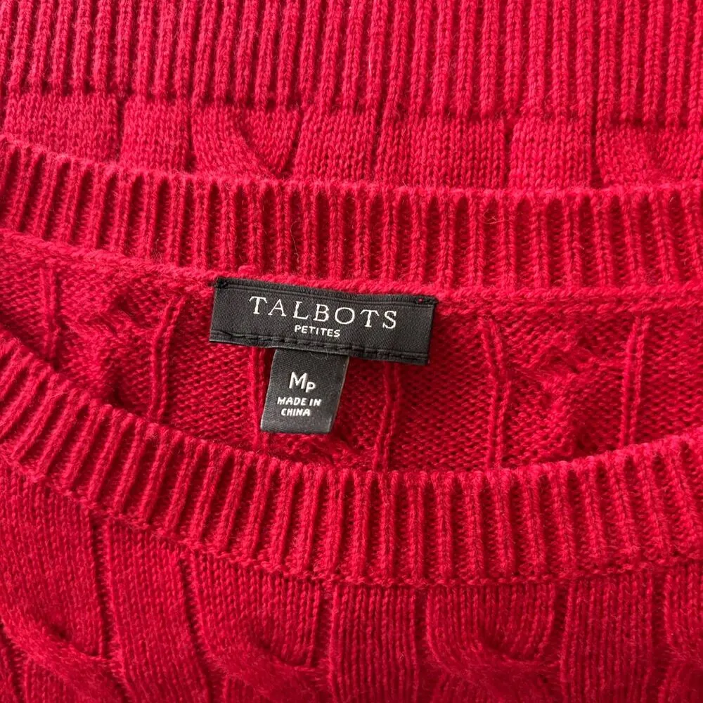 Talbots Crewneck Cable Knit Sweater Red Classic Heritage Lambswool Blend Size MP - Image 4
