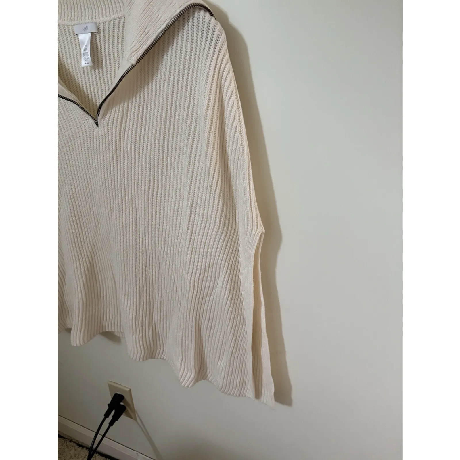 J Jill Cape Poncho Sweater 1/4 Zip Ribbed Knit Cream Neutral One Size S - Image 2