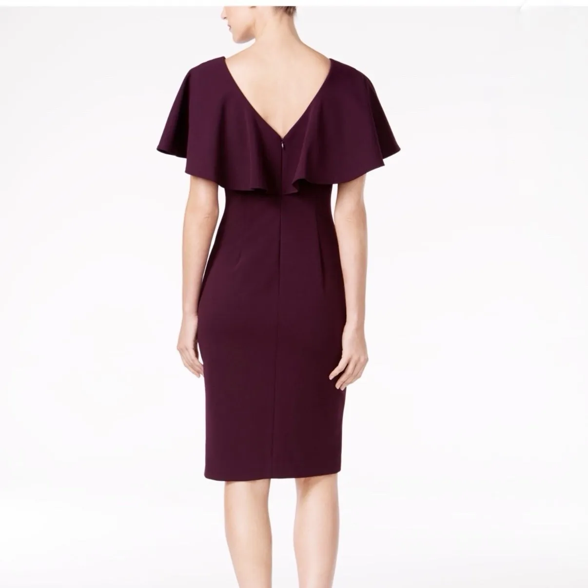 Calvin Klein Purple Flutter Sleeve Ruffle Cape‎ V Back Crepe Sheath Dress Size 6 - Image 4