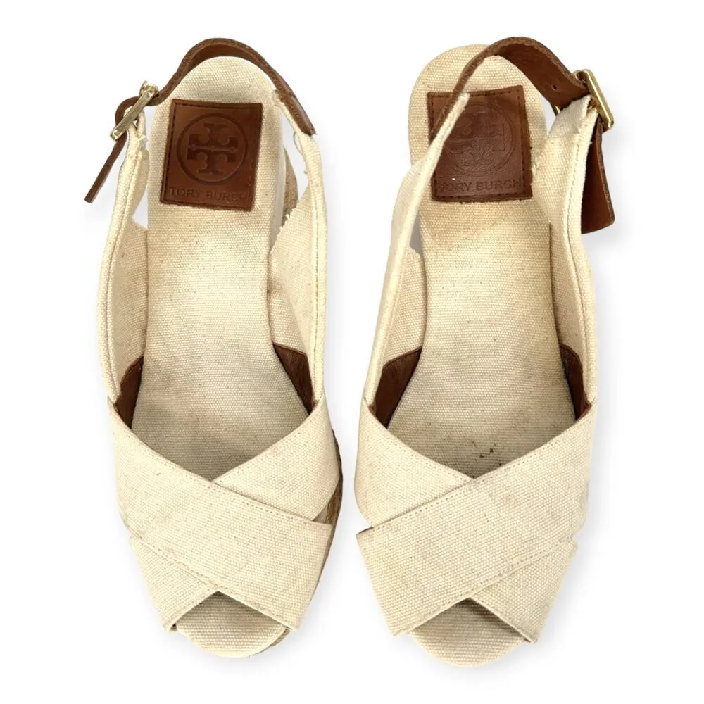 Tory Burch | Sz 6 | Cross-Front Canvas Low-Wedge Espadrille Leather Strap Sandal - Image 2