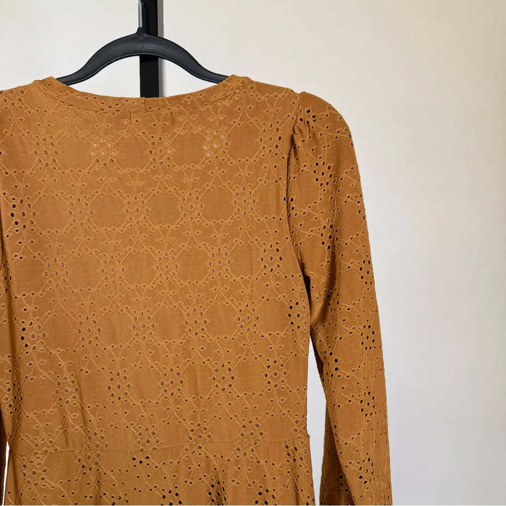 Brown Eyelet Lace Small Midi Dress Long Sleeve Prairie Boho Romantic Cottage Yellow - Image 8