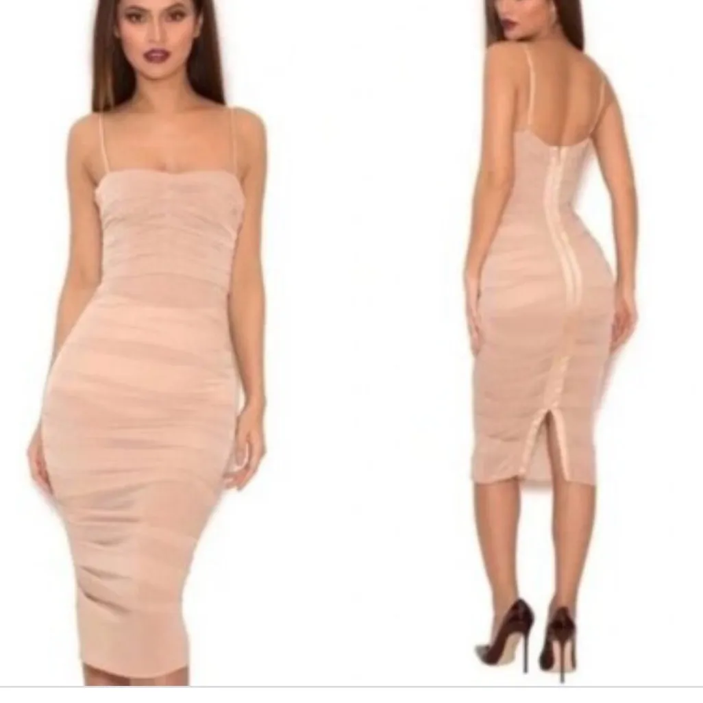 House of CB Wonmen Railea Nude Corset Ruched Midi Sheer Chiffon Dress NWT - Image 2