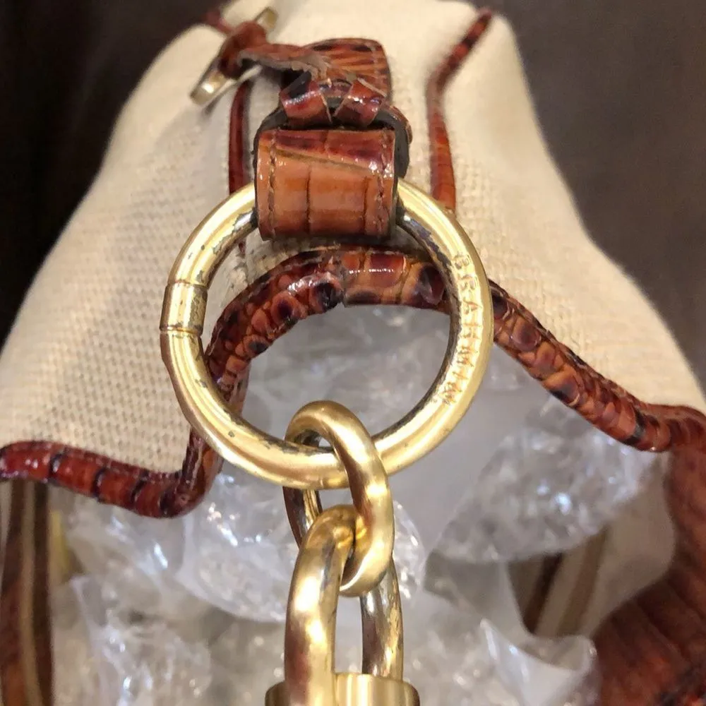 BRAHMIN Canvas and Warm Brown Crocodile Leather Shoulder Bag with Medallion - Image 10