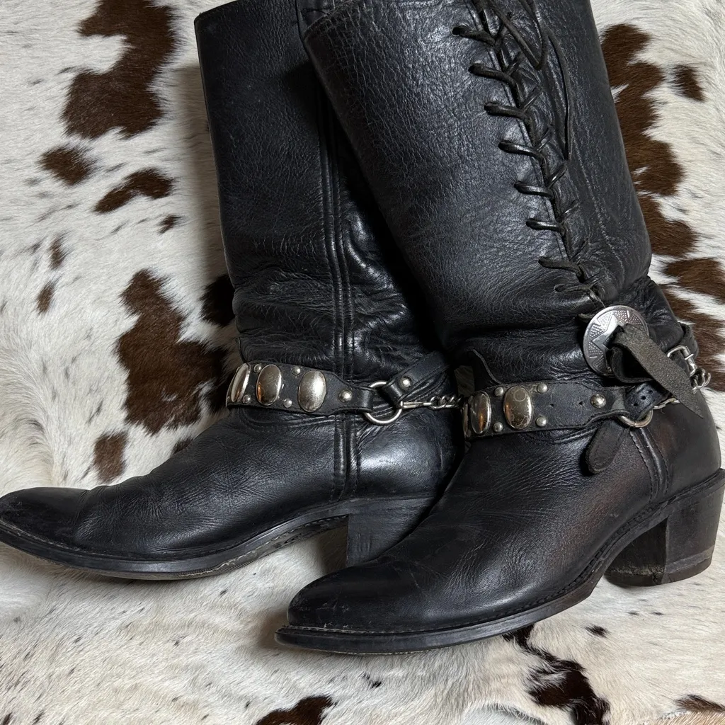 Double H Boots Vintage Leather Harness USA Made Round Toe Rugged Moto T1 Black Size 9 - Image 3