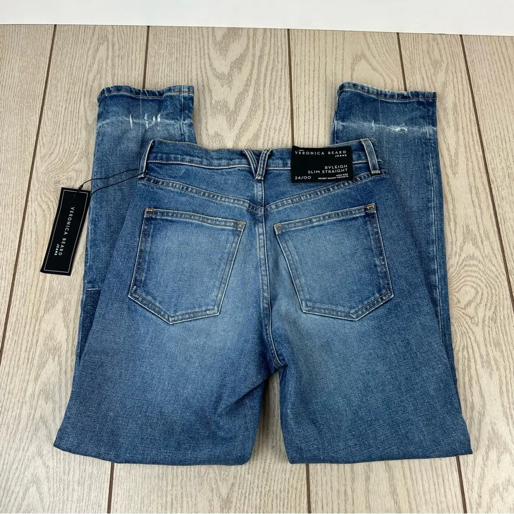 Veronica Beard Ryleigh Patched Knee Straight Leg Jeans 24/00 Atlas Blue $328 - Image 5