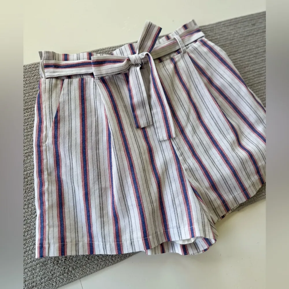 Red White Blue Striped Linen Blend Tie Waist Shorts Size Large - Image 9