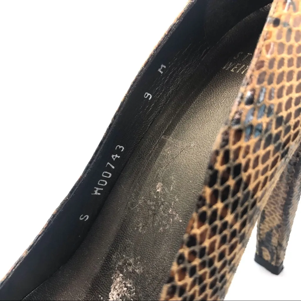 STUART WEITZMAN BROWN & BLACK LEATHER ANIMAL PRINT SNAKESKIN EMBOSSED HEELS (9) - Image 11