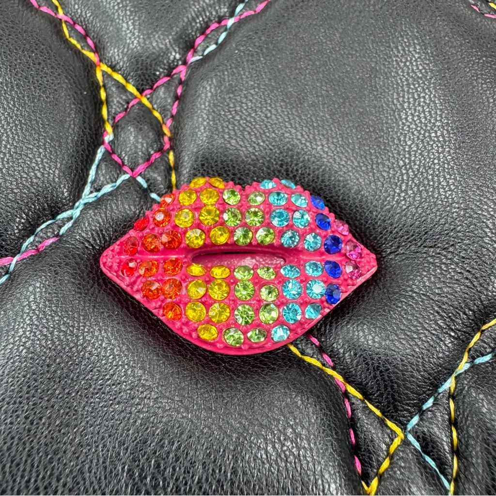 Betsey Johnson  Quilted Bag Rhinestone Lips Rainbow Stitching on Black - Image 5