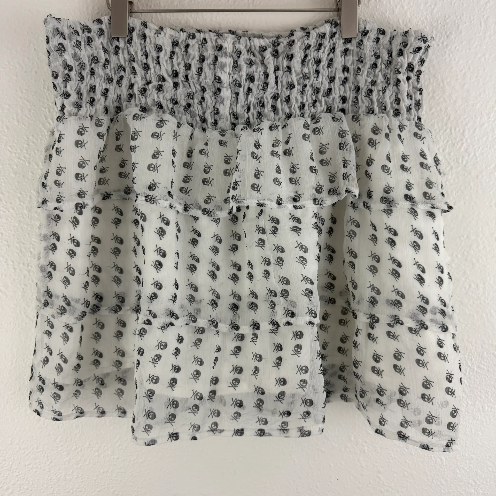 VANITY Vintage Y2K White Black Tulle Ruffle Tiered Grunge Emo Skull Mini Skirt Size M - Image 7