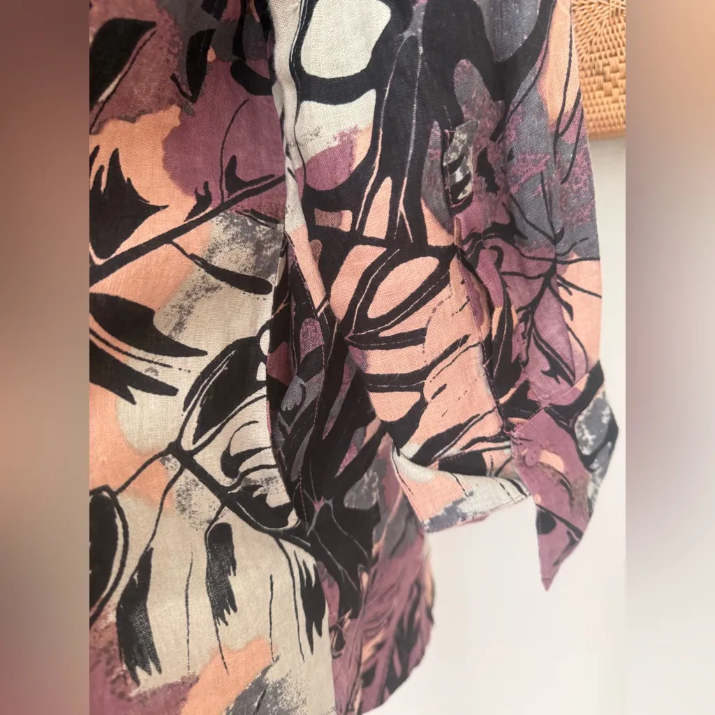 Noen Palm Leaf Button Up Long Sleeve Shirt Dress, Pockets XS Black - Image 5