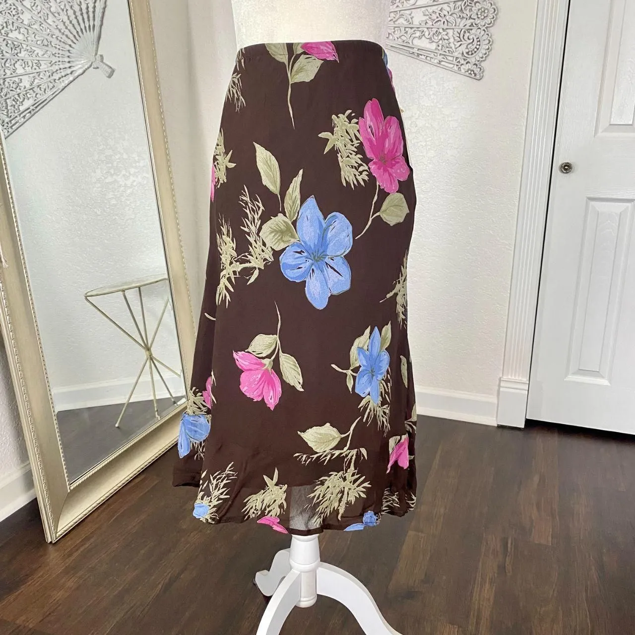 Deadstock JM Collection NWT Early 2000's Ruffle Brown Mesh Floral Midi Skirt 16W - Image 2