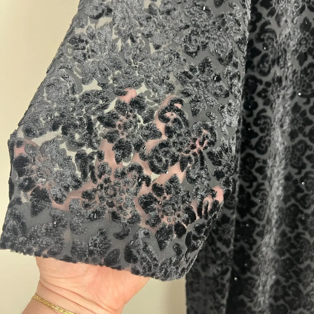 Badgley Mischka Dress 16 Black Velvet Burnout Beaded Floral‎ Long Sleeve Tunic - Image 7