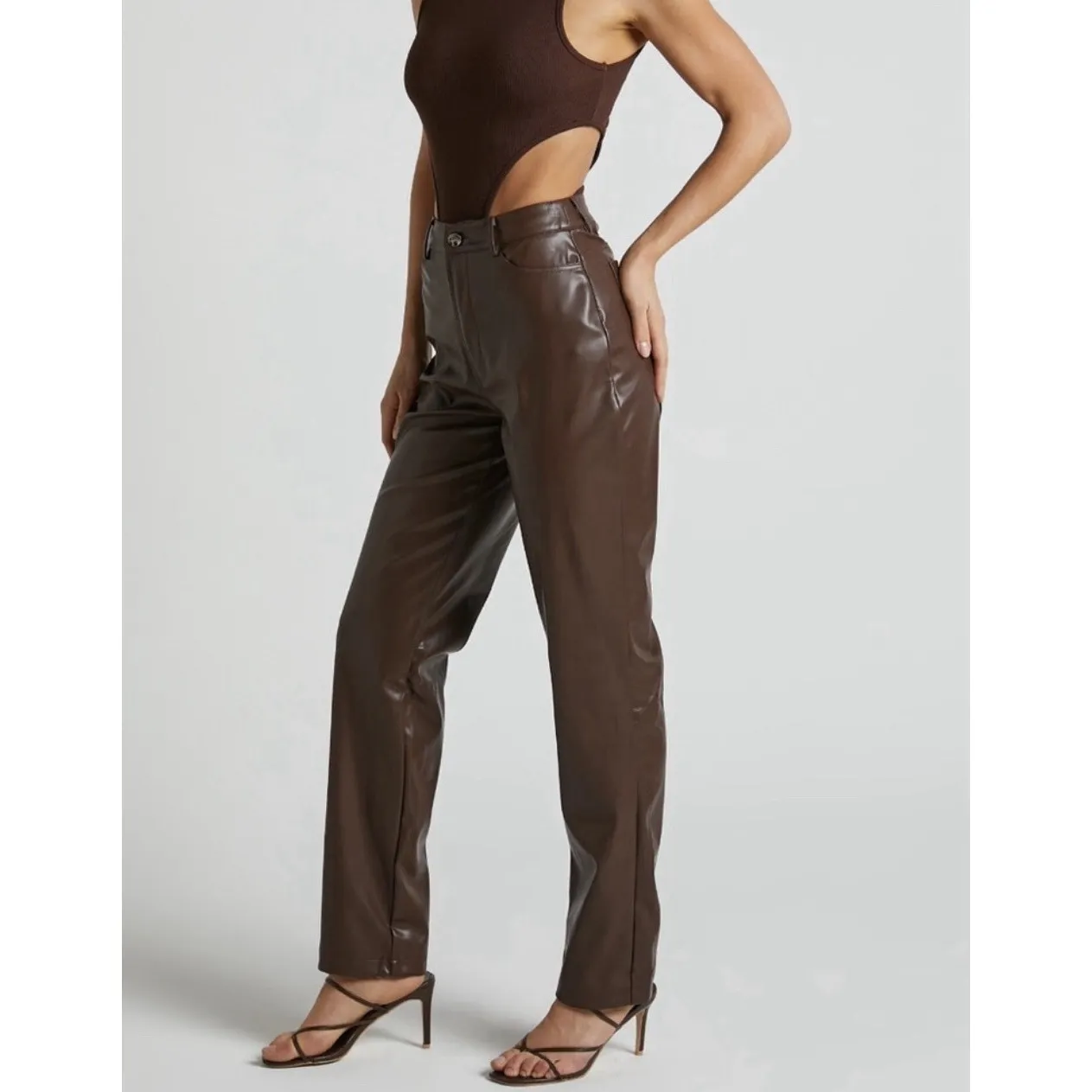 Showpo DILYENNE HIGH WAIST STRAIGHT LEG FAUX LEATHER PANTS IN CHOCOLATE Size 4 Brown - Image 2