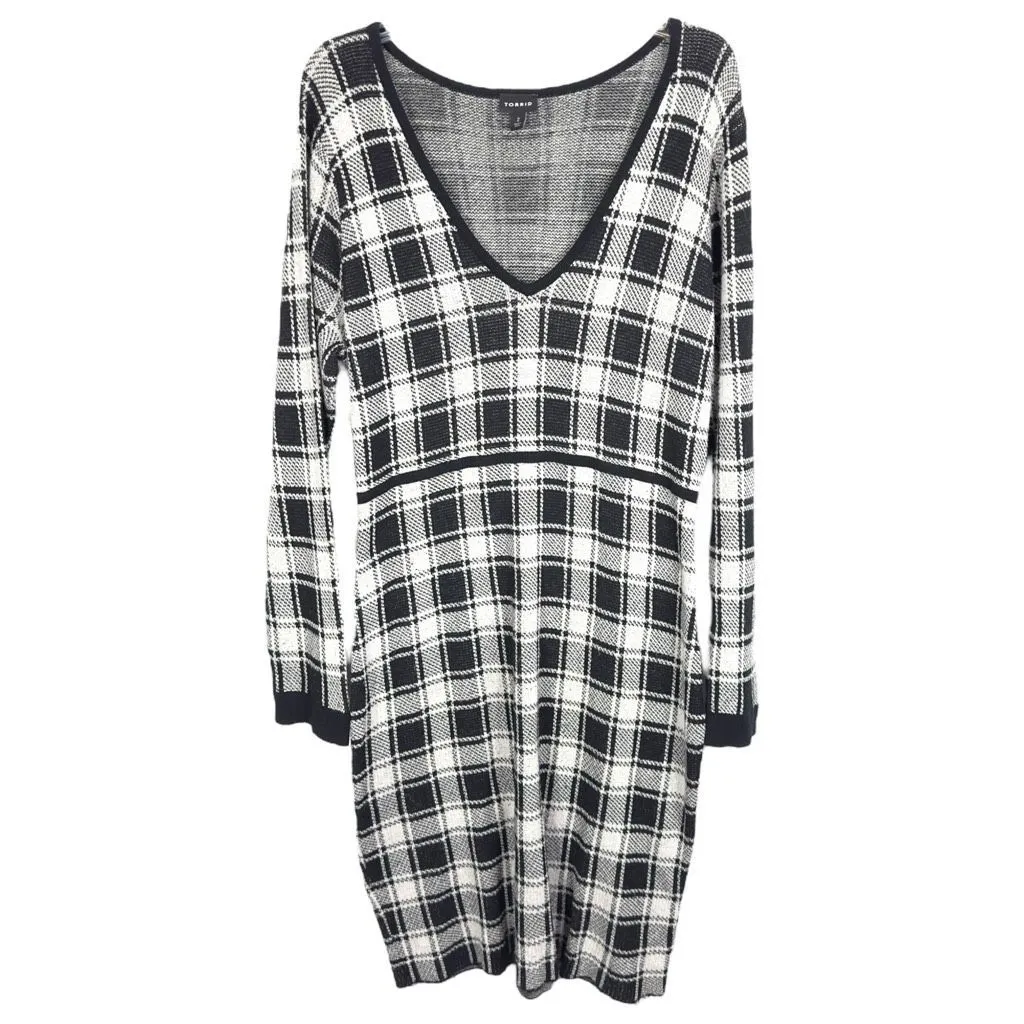 Torrid Plus Size 2X Dress Plaid Bodycon‎ Sweater Dress Black White Knee 969 - Image 5