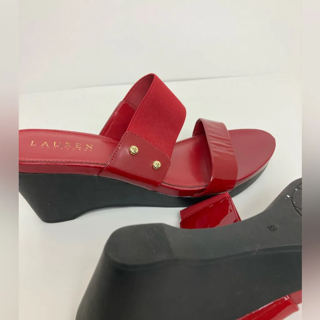 Lauren Ralph Lauren Rihanna Red Patent Leather Platform Wedge Slip on Sandals Size 8 - Image 7