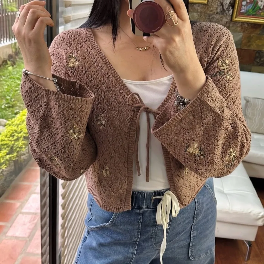 Sincerely Jules Mocha Brown Floral Crochet Bell Sleeve Tie Front Cardigan Sz XL - Image 3